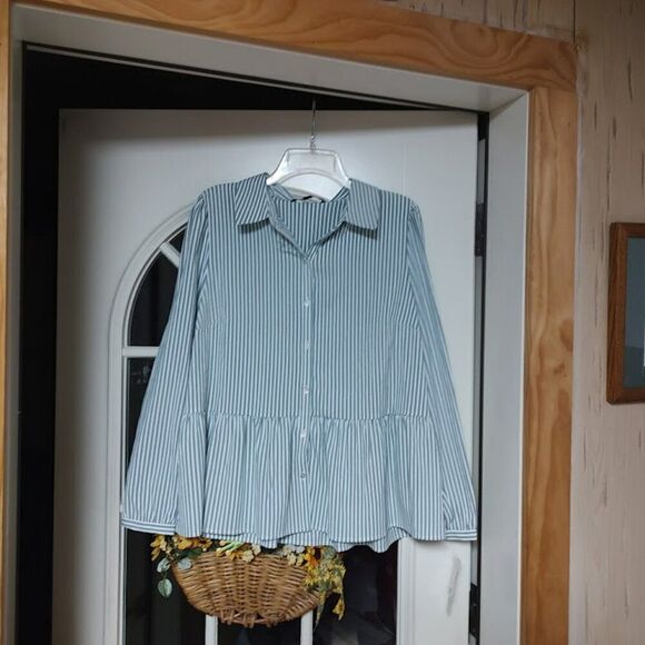 New Zac & Rachel White Lily Pad Striped Peplum  Button Down Shirt Women's XL - Picture 1 of 2